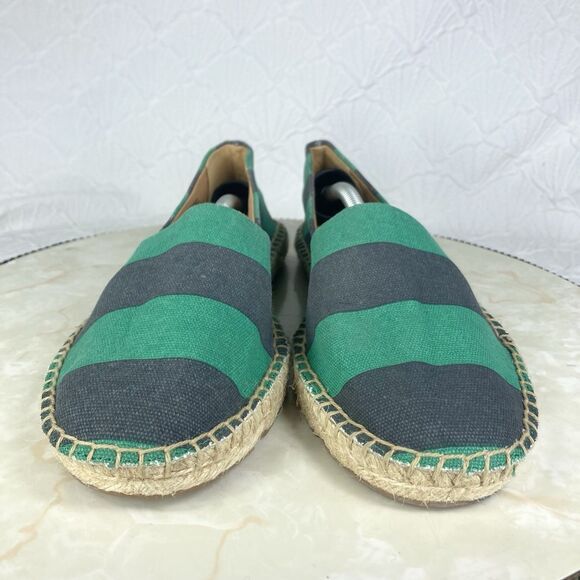 J. Crew Slip On Espadrille Flat Shoes 8 Navy Blue Green Striped Canvas Loafers - Picture 3 of 13